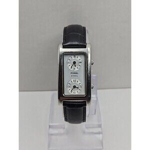 Fossil Steel Dual Time Tank 23mm Watch Silver Black Leather Quartz New Battery